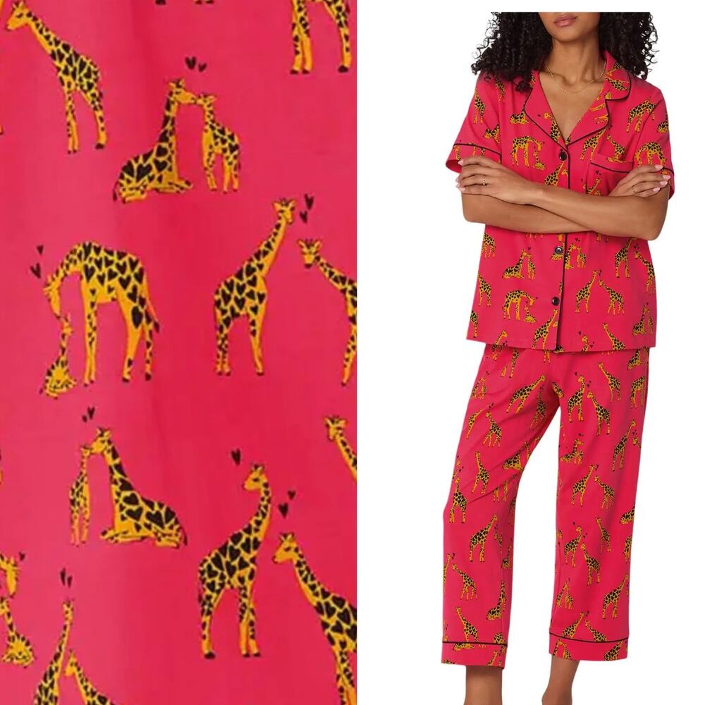EUC Bedhead Giraffes In Love Short Sleeve Cotton Jersey Cropped Pajama Set Sz M - Picture 1 of 13